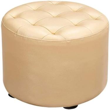 Imagem de Banqueta otomana de couro sintético bege - apoio para os pés retangular com assento acolchoado e pernas de madeira de plástico para sala de estar e quarto - banquinho pequeno de couro sintético para