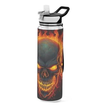 Imagem de Burbuja Garrafa de água Fire Skulls de 940 ml com tampa de palha, à prova de vazamento e livre de BPA para academia, esportes ao ar livre