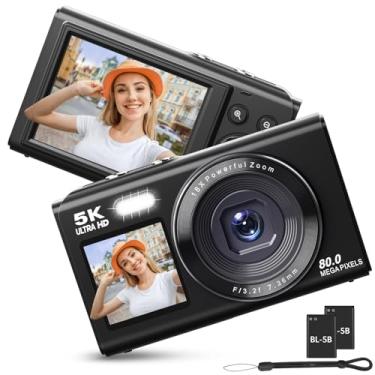 Imagem de Câmera digital 5K para fotografia, câmera vlogging de tela dupla de 80 MP para YouTube com WiFi, zoom digital de 16x, função de beleza, tela de 2,8 polegadas, luz de preenchimento inclui cartão de 32