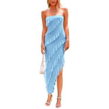 Imagem de Vestido PRETTYGARDEN 2025 Longo Azul Claro sem alça com Babados Tamanh