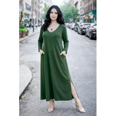 Imagem de Vestido Gola V Manga Longa com Bolso - modanascimento, Verde militar, 