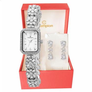 Imagem de Relógio Feminino Champion Prata Pequeno Luxo CF24715Q + Brincos
