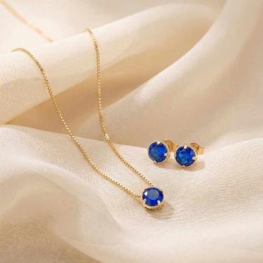 Imagem de Conjunto colar e brincos ponto de luz zircônia azul royal banhado a ou