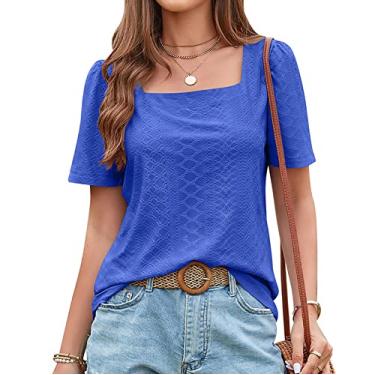 Imagem de Camiseta feminina de verão manga curta ajuste solto blusa manga quadrada oca doce camisa tops para usar com leggings, azul, P