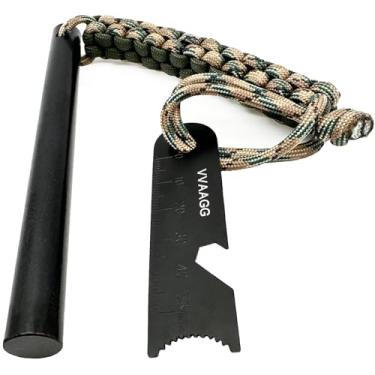 Imagem de VVAAGG Hastes de ferro grandes de 12,7 cm, kit de iniciante de fogo de pederneira de sobrevivência com alça de paracord laranja e atacador (Camo-12,7 cm)