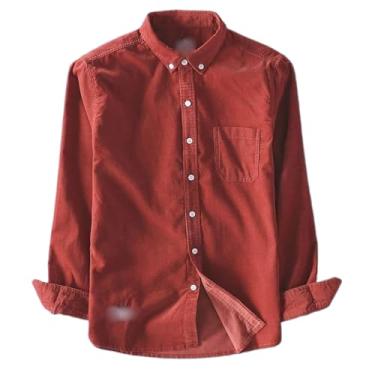 Imagem de WOLONG Camisa masculina de veludo cotelê de manga comprida, ajuste regular, gola abotoada, com bolso no peito, camisas masculinas casuais, Vermelho, M