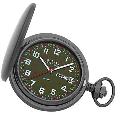 Imagem de Gotham Relógio masculino Railway Classic Gunmetal aço inoxidável analógico quartzo dia/data Hunter relógio de bolso # GWC14110BGX