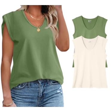 Imagem de OQQ Camisetas femininas de 2 peças com gola redonda e ajuste elástico sem costura, Verde ervilha, bege, P