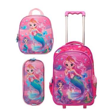 Imagem de Kit Mochiila Infantil Sereia c/ Rodinha 17 Rosa Menina Completo Estojo