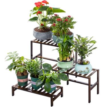 Imagem de Suporte de bambu para escada de 3 níveis, suporte para plantas, prateleira de exibição de vaso de flores, suporte de plantas independentes para casa, jardim, pátio, varanda, ambientes internos e externos