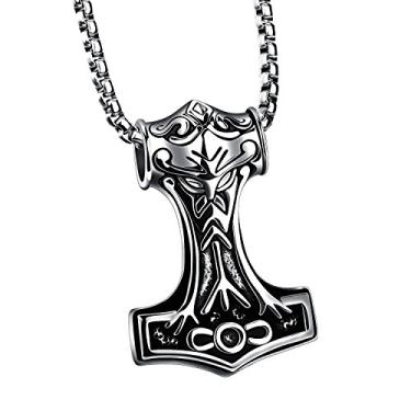 Imagem de Colar masculino com pingente de martelo Thors Mjolnir de aço inoxidável, nó celta, preto com corrente de 55 cm, Aço inoxidável, prata