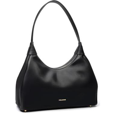Imagem de molshine Bolsa de mão crescente de couro legítimo, bolsa de ombro Hobo, bolsa de axila, bolsa clutch de festa para mulheres modelo, Preto, L13.39" X W5.51" X H9.06"