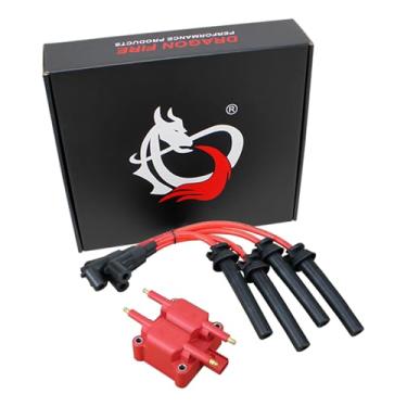 Imagem de DRAGON FIRE PERFORMANCE Power Pack Bobina de ignição com fios de velas de ignição de 10 mm 150ohm/ft compatível com Chrysler Dodge Jeep 1.6L 2.0L 2.4L 4CYL 1996-2008 APENAS (bobina plana de 3 pinos)