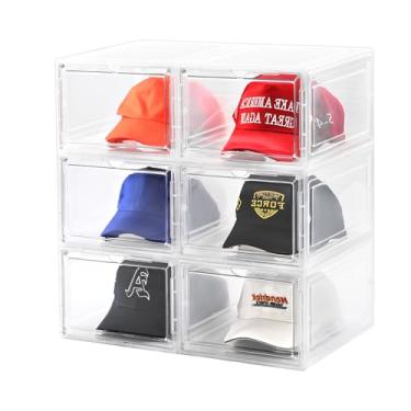 Imagem de beehomay Caixa organizadora de chapéus, caixa de suporte de bonés de beisebol transparentes empilháveis com porta magnética para armazenamento de bonés snapback, armazenamento transparente de chapéu