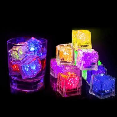 Imagem de ENUOLI Cubos de gelo iluminados para bebidas, 12 unidades de cubos de gelo de acrílico de LED à prova d'água, cubos multicoloridos, brilhantes, reutilizáveis, para banho, vinho, uísque, bar, coquetel,
