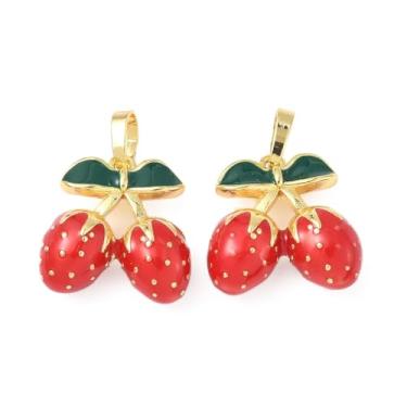 Imagem de DanLingJewelry 10 berloques de morango esmaltados vermelhos de latão fofos mini pingentes de pendurar em forma de fruta para fazer joias faça você mesmo colar e brincos