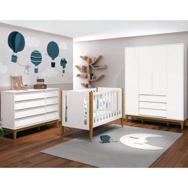 Imagem de Kit Quarto Infantil Branco Fosco - Berço Tom + Guarda-Roupa Noah + Cômoda Noah