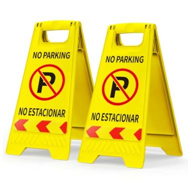 Imagem de Sem placas de estacionamento, pacote com 2 placas de não estacionamento com suporte, texto e gráficos duplos em inglês e espanhol mais fáceis de identificar, placa de aviso portátil dobrável amarelo