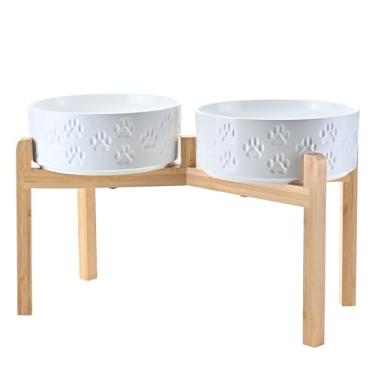 Imagem de SPUNKYJUNKY Tigelas elevadas de cerâmica para cães, 21 cm, com suporte de bambu antiderrapante para raças grandes, pode ser lavada no micro-ondas - 1,701 g, pata branca