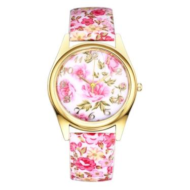 Imagem de JewelryWe Relógios femininos de couro floral: relógio de pulso analógico de quartzo fácil de ler elegante flor boêmio relógios de vestir, rosa