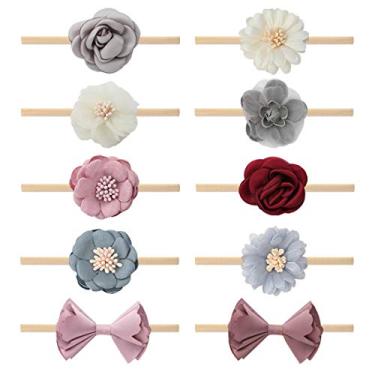 Imagem de Sutiã de nylon elástico para bebês meninas da Subesty, faixa de cabelo de flor macia para bebês recém-nascidos, conjunto com 10, 10 Pcs Ribbon Hair Bow Headband, 14 inch
