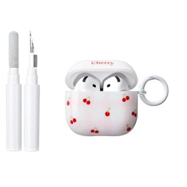 Imagem de inewateri Capa compatível com AirPods 4ª geração (2024) com kit de limpeza, capa de chaveiro à prova de choque de TPU macio com estampa de cereja doce e estampa estética para Airpods 4 - cereja branca
