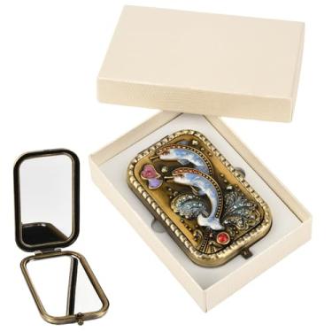 Imagem de SOFPLATE 1 peça espelho de maquiagem vintage espelho de metal dobrável portátil bolso compacto dupla face retoque essencial com lente normal e lupa padrão golfinho mini vaidade para mulheres viagens