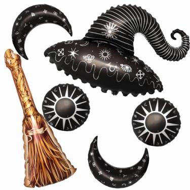 Imagem de Magical Wizard School Balloon Witch Party Decorations Balloons Black moon and sun balloon broom balloon for Halloween/Christmas/Magic School/Baby Shower/Witch/Birthday Party Decorations Supplies 6pcs