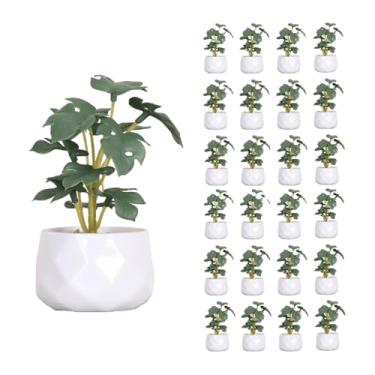 Imagem de ESSMOKO 24 vasos de plantas artificiais Monstera, vasos pequenos de plantas falsas para escritório interno e sala de estar, planta artificial decorativa realista em vaso de plástico, 13 cm - verde