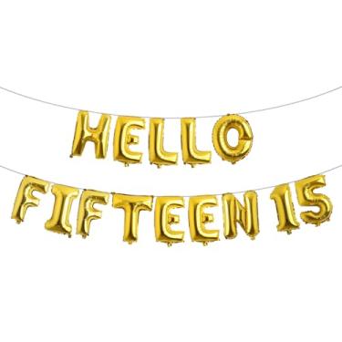 Imagem de Decorações de aniversário de 15 anos para meninas 15º aniversário Hello Fifteen Birthday Party Supplies número 15 balões kit de festa de aniversário de 15 anos para sua menina (HELLO FIFTEEN 15 gold)