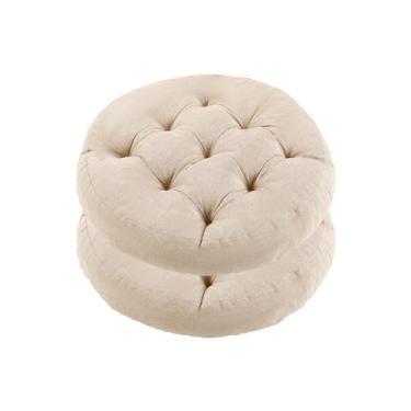 Imagem de LYLNBYWK Almofada de chão de meditação, pacote com 2 almofadas redondas para adultos, almofadas de assento tufadas com botão para sala de estar de yoga, tatami, bege, 56 x 56 x 10 cm