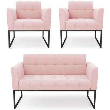Imagem de Sofá Namoradeira E 2 Poltronas Base Industrial Preto Ana Suede Rosa Bebê - Ibiza