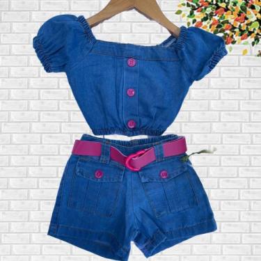 Imagem de Conjunto Jeans infantil menina Tia Dani Kids Cropped e Shorts e Cinto 