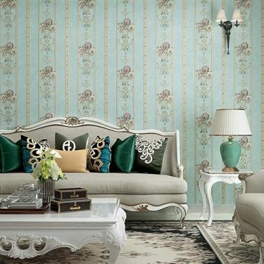 Imagem de Q QIHANG Papel de parede autoadesivo 3D, papel de parede americano, fundo de quarto, papel de parede espesso, sala de estar, sala de jantar, retrô, listrado, papel de parede de descascar e colar 4 cm