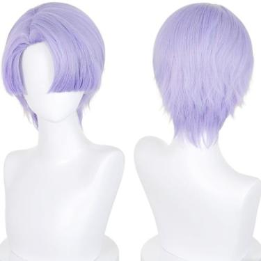 Imagem de Peruca de cosplay meio a meio curta de cabelo sintético roxo claro - H