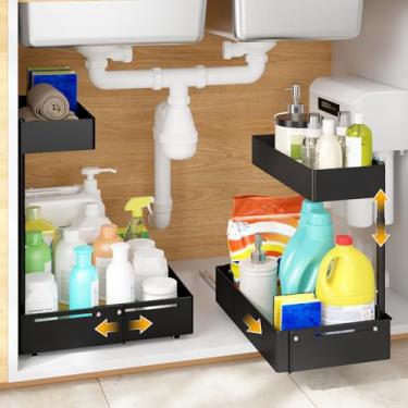 Imagem de Henyol 2 pacotes de organizador sob a pia com altura e largura ajustáveis, organizador sob o armário para arrumar, design de metal resistente para cozinha e banheiro