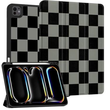 Imagem de Cabreche Capa compatível com iPad Pro de 13 polegadas M4 2024 com suporte para lápis, capa traseira de TPU (poliuretano termoplástico) para meninas, mulheres, homens, fofa, prepy, preta, cinza, xadrez