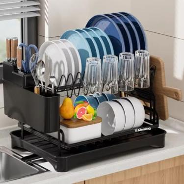 Imagem de KLEMING| Escorredor de Louças com Design em 2 Níveis, Preto em Aço Carbono Inoxidável, Resistente a Ferrugem com Bandeja Drenagem automática, Moderno, Antiderrapante.