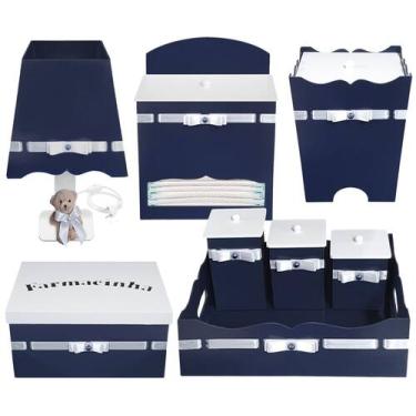 Imagem de Kit Higiene completo em Madeira Mdf cor Azul Marinho com 8 peças - Bia