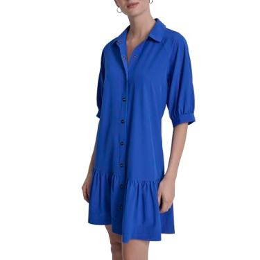 Imagem de DKNY Mini vestido feminino manga cotovelo gola gola babados bainha botão frontal, Azul clássico, 46