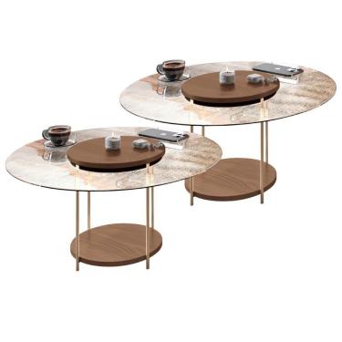 Imagem de Kit 02 Mesas De Centro Para Sala Redonda Tampo Vidro Pés Aço Allure B01 Castanho - Lyam Decor