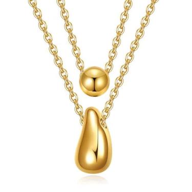 Imagem de Zurlcdye Colares de ouro em camadas para mulheres com contas de ouro grosso pingente de lágrima delicada pilha de corrente moderna presentes de Natal joias presentes, Aço inoxidável, Sem Pedra