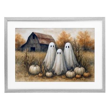 Imagem de Stupell Industries Impressão emoldurada cinza Ghost Trio on Pumpkin Farm Under Glass, design de Antony Smith, 35,5 x 50,8 cm