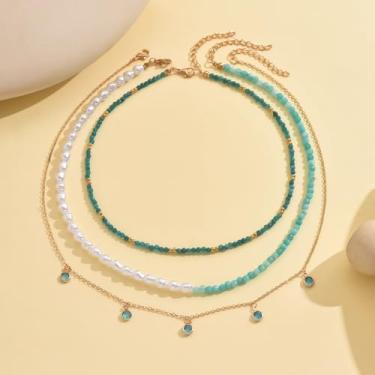 Imagem de Conjunto de colar de contas em camadas para mulheres, gargantilha de pérola verde e branca com corrente dourada, colar boho de várias camadas para roupa de praia de verão