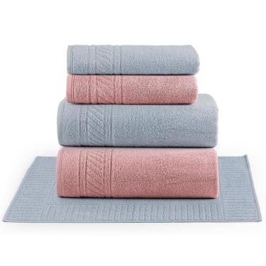 Imagem de Jogo De Banho Toalhas Yara 100% Algodão Fio Penteado Macio 05 Peças Listras - Rosa Cinza
