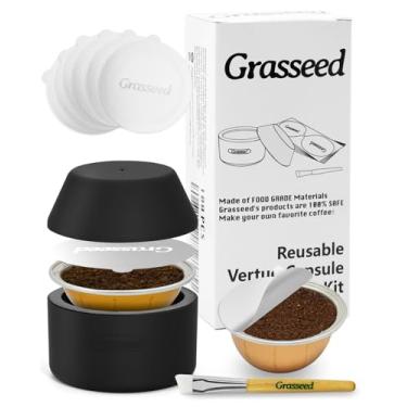Imagem de Grasseed Kit de cápsulas Vertuo reutilizável para cápsulas VertuoLine com 50 peças de tampa de vedação de folha de alumínio, suporte e escova, serve para cápsulas de refil Vertuoline Pod - Preto