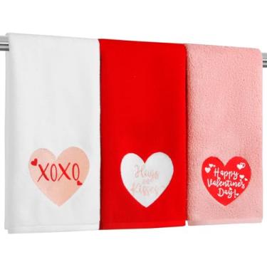 Imagem de Pacote com 3 toalhas de mão para o Dia dos Namorados Branco Rosa Vermelho XOXO Love Hugs and Kisses 100% algodão bordado conjunto decorativo de banheiro premium decoração de luxo para secar, limpar