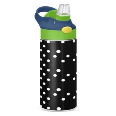 Imagem de JUZIHAI Garrafas de água infantis com fundo preto de bolinhas brancas de 350 ml, isolada a vácuo, com tampa de palha, copo de viagem à prova de vazamento