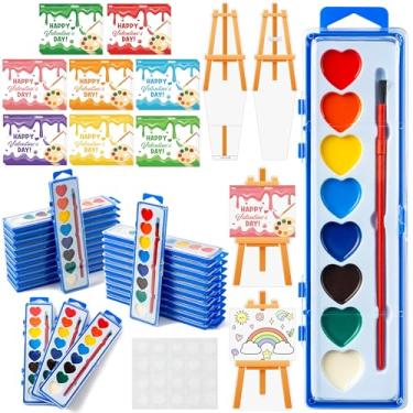 Imagem de CPicdn Pacote com 24 cartões de presente de dia dos namorados com conjunto de tinta aquarela, cartões de pintura em aquarela de 8 cores, suporte em forma de cavalete para crianças, troca de presentes