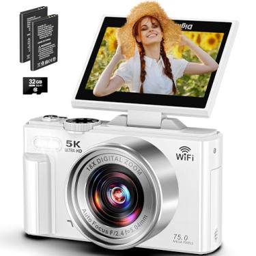 Imagem de Câmera digital, vídeo de 5k, câmera de 75 megapixels, transmissão Wi-Fi, foco automático, tela giratória de 180 graus, zoom digital de 18x, cartão SD de 32G,câmera compacta,vlog,fotográfica Branco